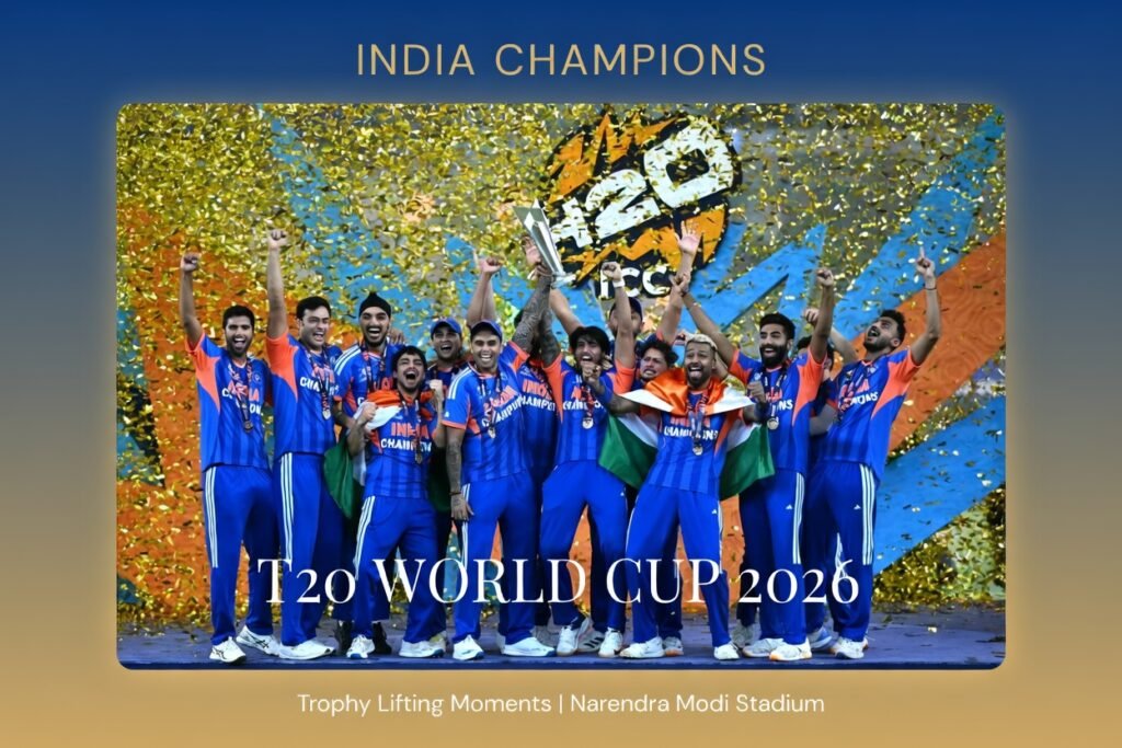 Unforgettable Trophy Lifting Moments Team India Crowned ICC T20 World Cup 2026 Champions at Narendra Modi Stadium!