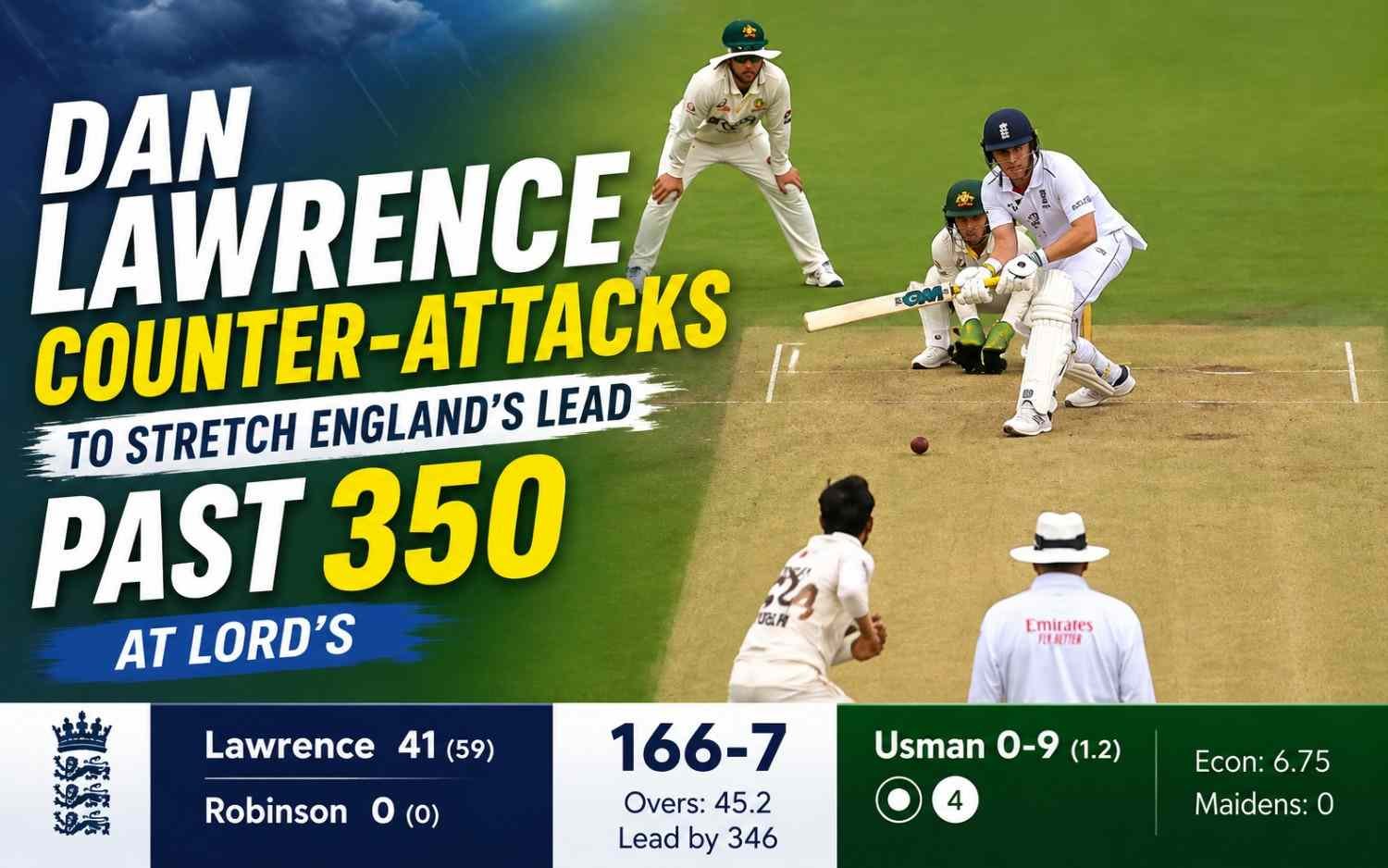 Dan Lawrence Counter-Attacks on Rain-Hit Day 3 to Stretch England’s Lead Past 350 at Lord’s