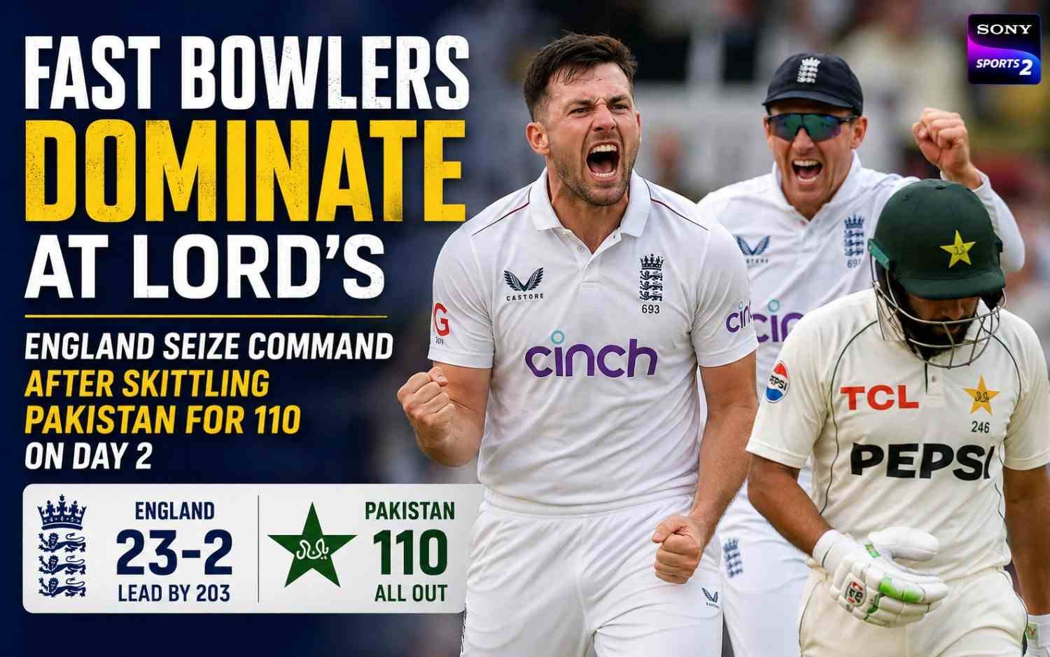 Fast Bowlers Dominate at Lord’s: England Seize Command After Skittling Pakistan for 110 on Day 2